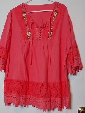 Embroidered Coral Women's Peasant Top